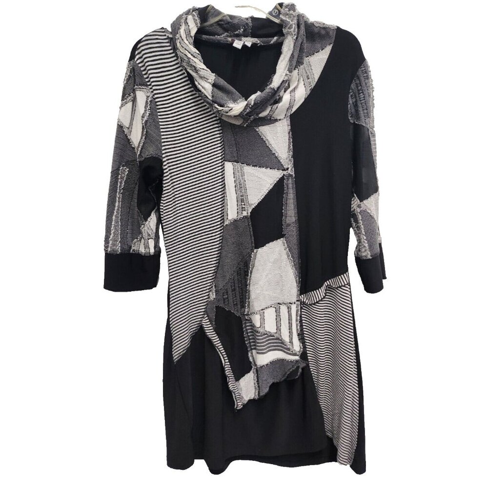Lana Lee‎ Mini Dress Medium Black Gray Patchwork Wearable Art Cowl Neck Casual